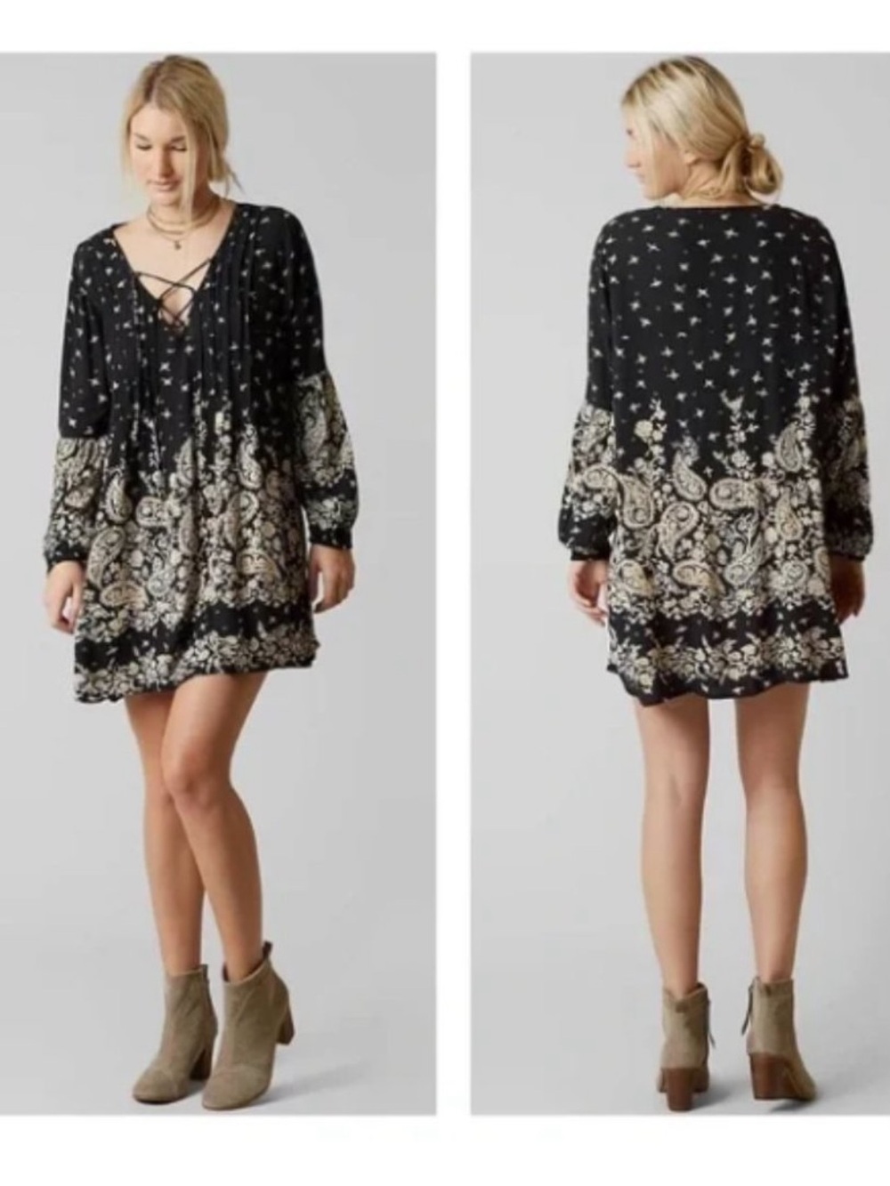 Billabong Just Like You Boho Black & Cream Paisley Lace-Up Mini Dress Small
